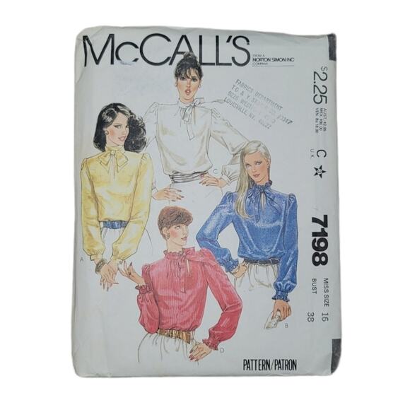 McCall's Other - McCall's Sewing Pattern 7198 Pullover Blouse Vintage UNCUT Miss Size 16 Bust 38